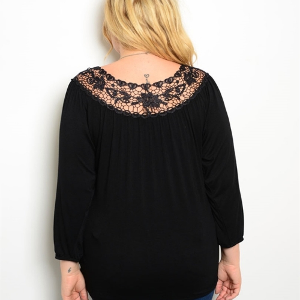Plus Size Black Top with Floral Lace Neckline - Picture 2 of 5